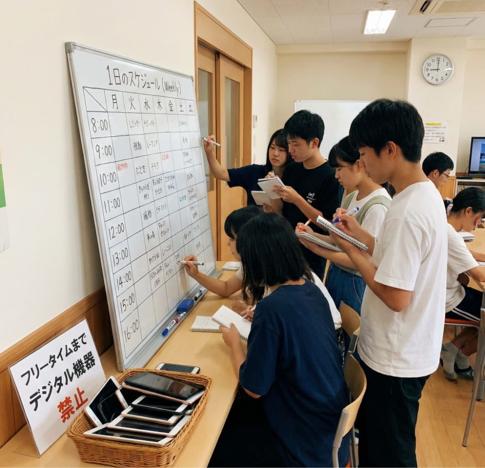 毎週月曜の朝、各自で時間割を作ります。 フリータイムはゲーム・スマホOKですが、 それまでの時間は基本的にデジタル機器禁止です。